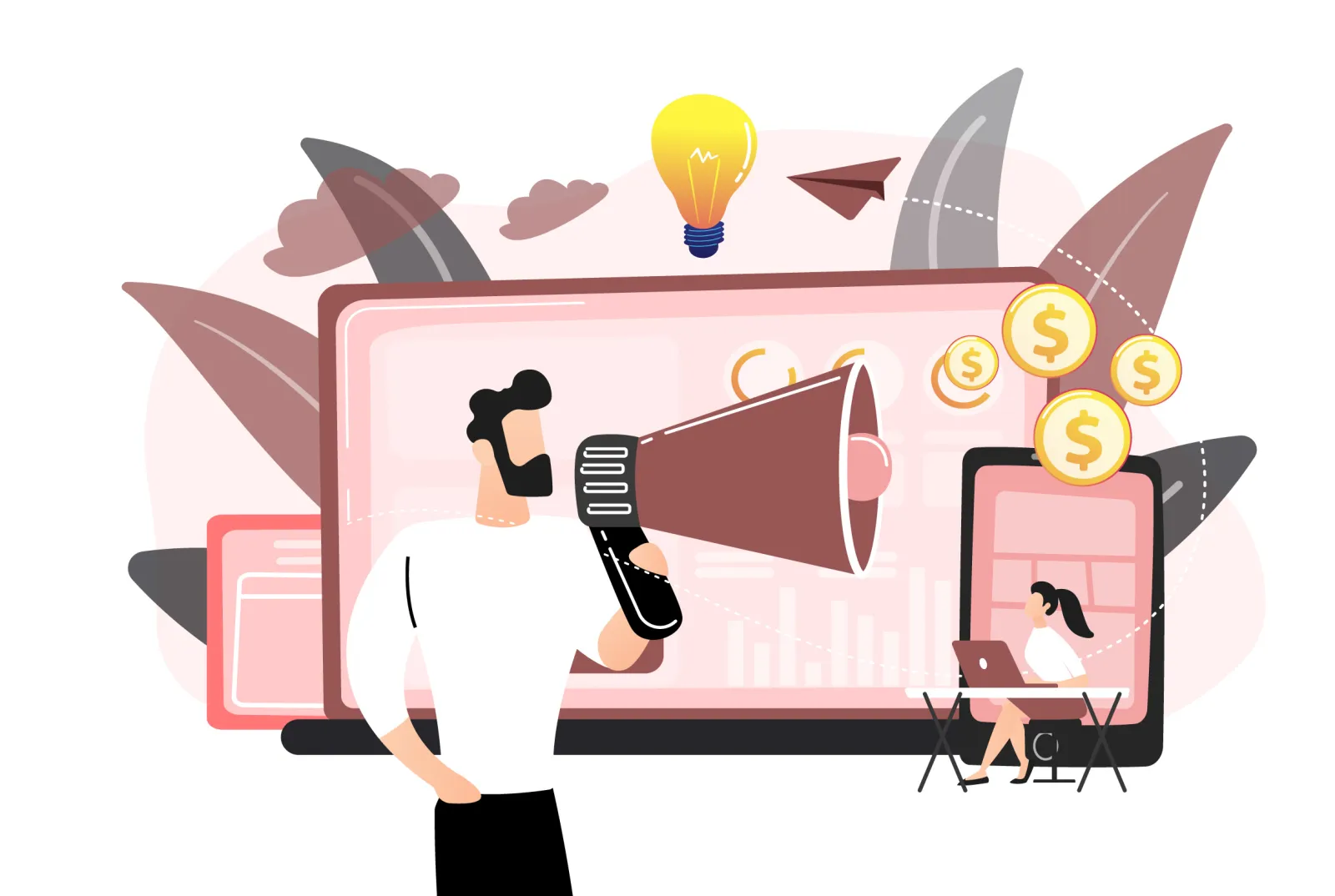 Illustration of AI automation working alongside a human marketing team