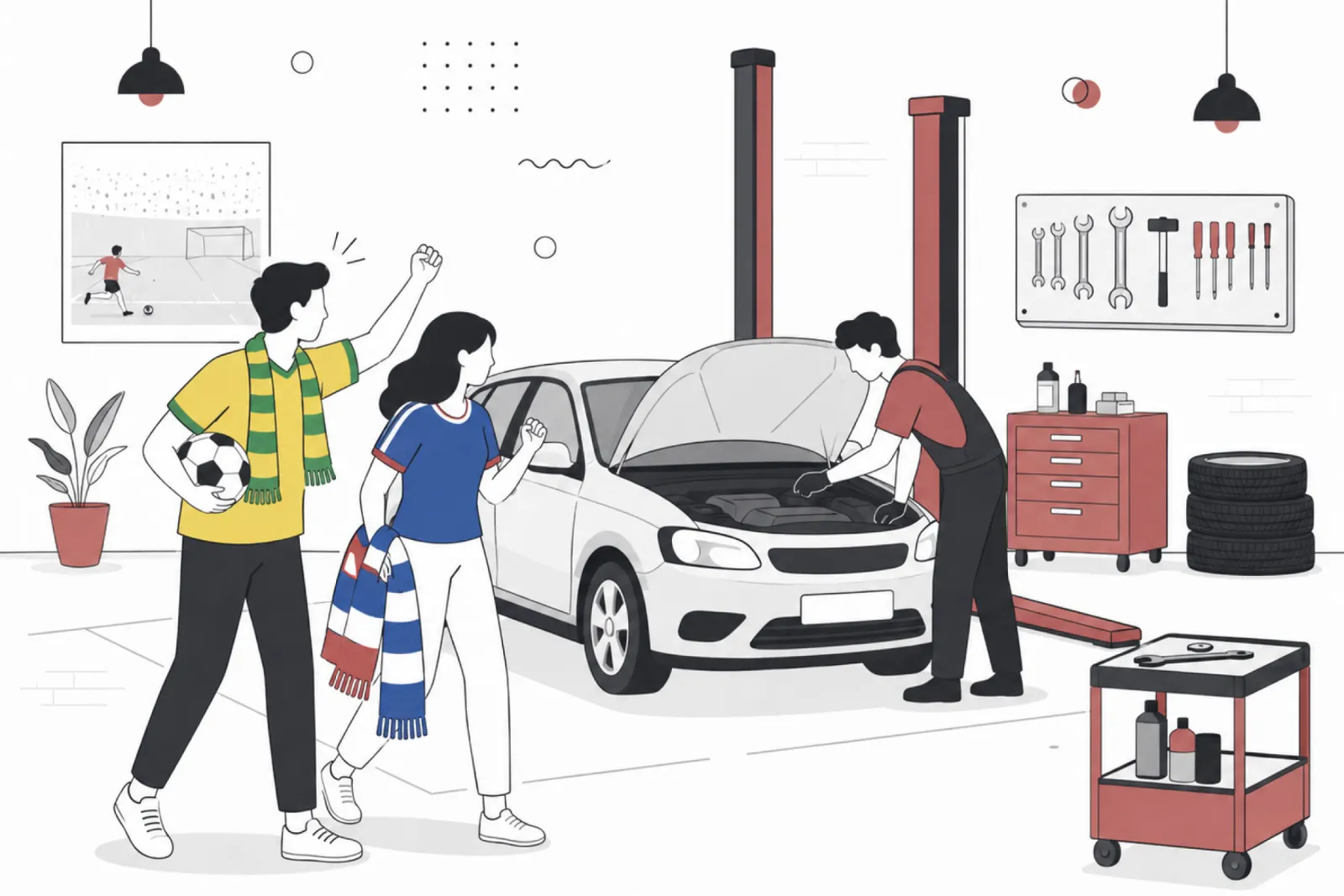 Mechanic performing a pre-trip inspection on a car before a road trip